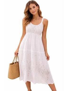 Rhea White Schiffly Cotton Dress Eyelet Lace Boho Midi Sundress One Size NWT